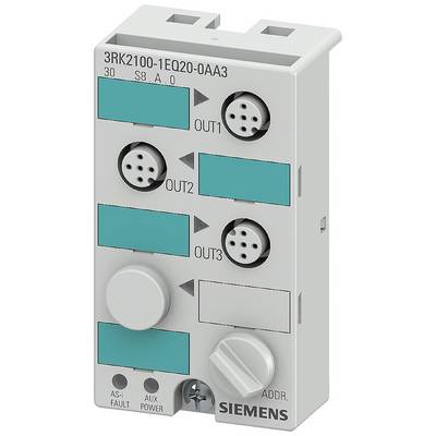 'Siemens-Modul mit der Beschriftung 3RK2100-1EQ20-0AA3, zeigt zwei Ausgänge (OUT1, OUT2) und zwei Schalter, graues Gehäuse.'