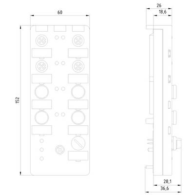 Technische Zeichnung eines rechteckigen elektrischen Geräts mit Maßen: Länge 152 mm, Breite 60 mm. Seitenansichthöhe 36,6 mm.