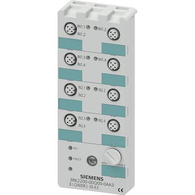 Eine Siemens AS-i Modul mit mehreren Steckplätzen, markiert als IN1.1 bis IN1.4 und IN2.1 bis IN2.4, zeigt Anschlüsse und Adressfelder.
