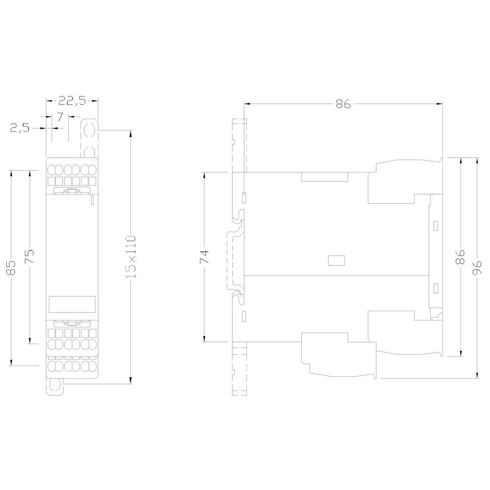 Technische Zeichnung eines rechteckigen Bauteils mit Maßen: 22,5 mm Breite, 86 mm Tiefe, 96 mm Höhe; Details von Anschlüssen sichtbar.