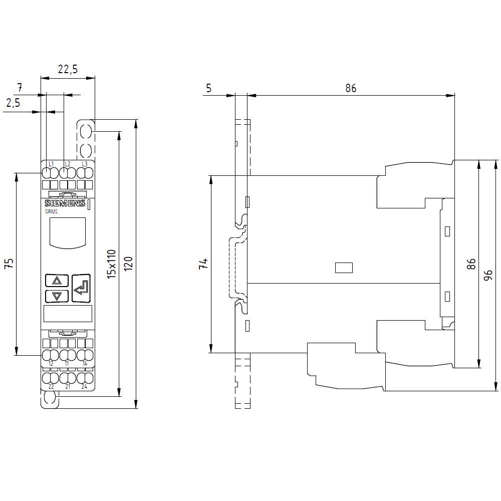'Technische Zeichnung eines Siemens-Geräts mit Abmessungen: Höhe 96 mm, Breite 86 mm, Tiefe 120 mm. Seitliche Ansicht zeigt Montage-Details.'