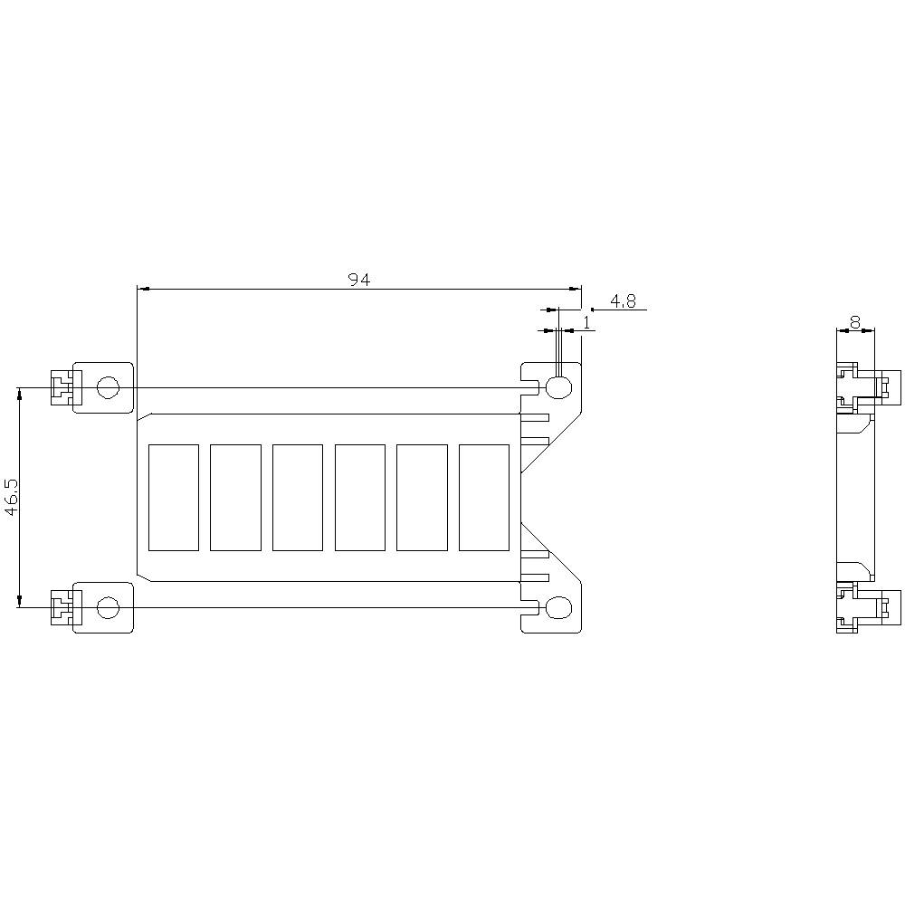 'Technische Zeichnung eines elektronischen Bauteils mit Abmessungen: 94mm Länge, 46,5mm Höhe, 8mm Breite.'