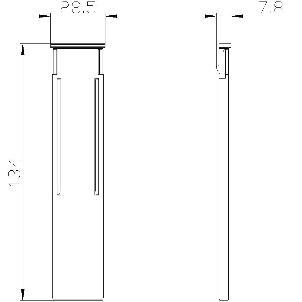 Technische Zeichnung eines rechteckigen Bauteils mit den Maßen 134 mm, 28,5 mm Breite oben, 7,8 mm Breite seitlich.
