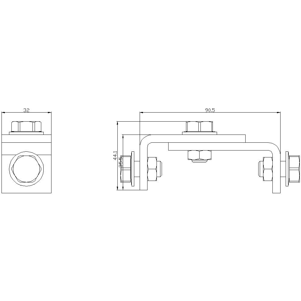 Technische Zeichnung zeigt eine Klemmschelle mit Maßen; Breite 90,5 mm, Höhe 41 mm, schematisch mit zwei Ansichten.