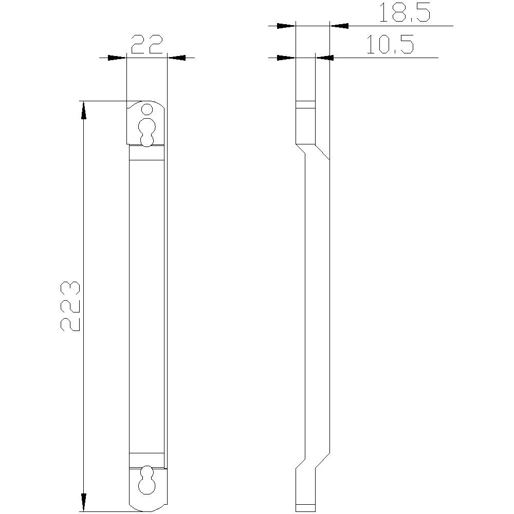 Technische Zeichnung eines Metallgriffs mit Bemaßungen: Gesamtlänge 223 mm, Breite 22 mm, Bohrabstände 18,5 mm und 10,5 mm.