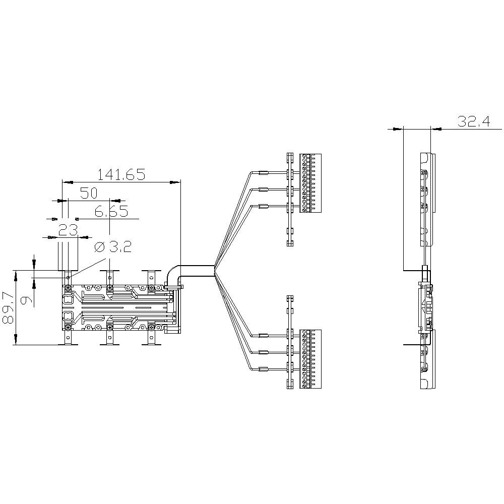 Technische Zeichnung eines elektronischen Geräts mit Abmessungen und Bauteilen; zeigt Verkabelung und Montageansicht.