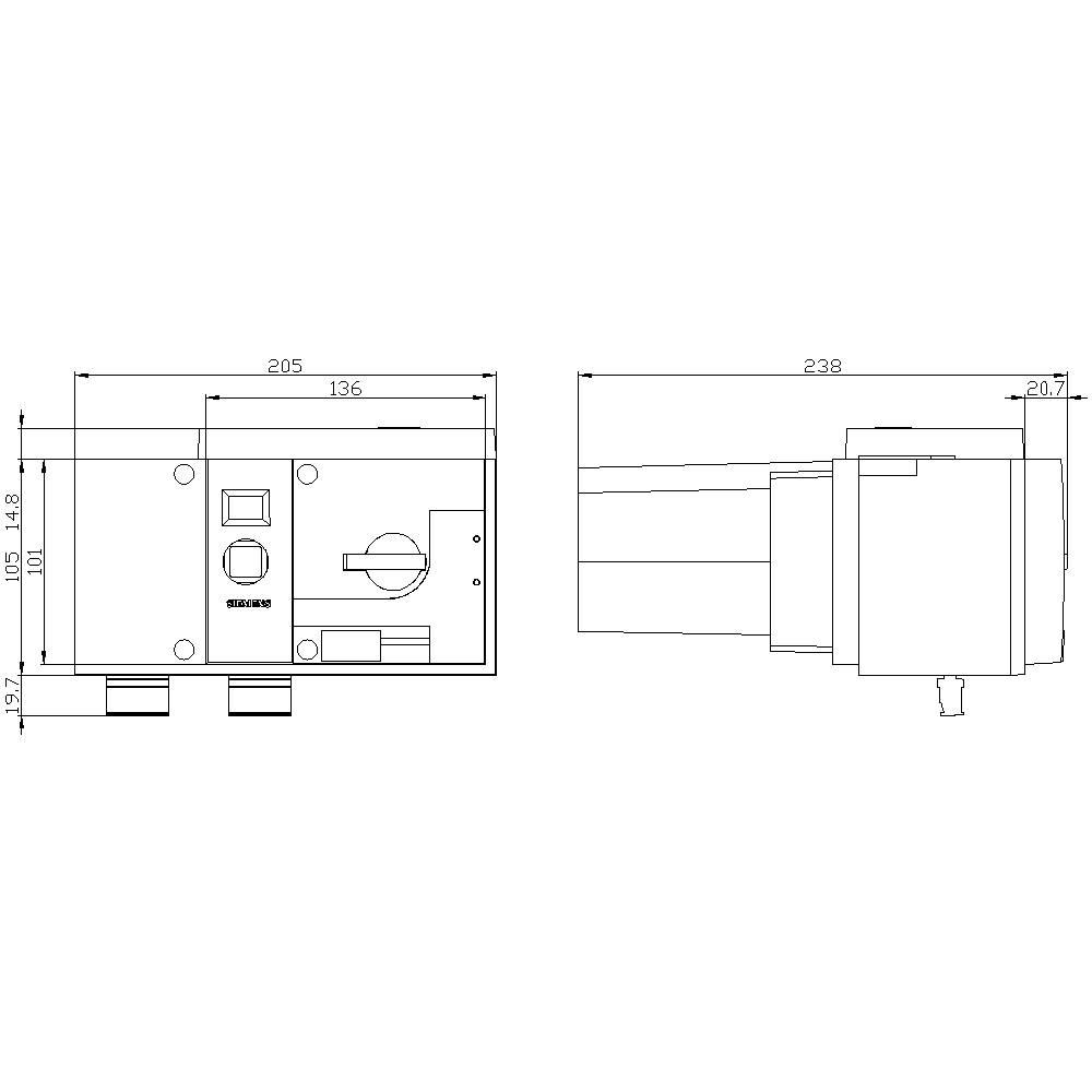 Technische Zeichnung eines elektronischen Geräts mit Maßen: 205x238 mm. Vorder- und Seitenansicht mit Details und Beschriftungen.