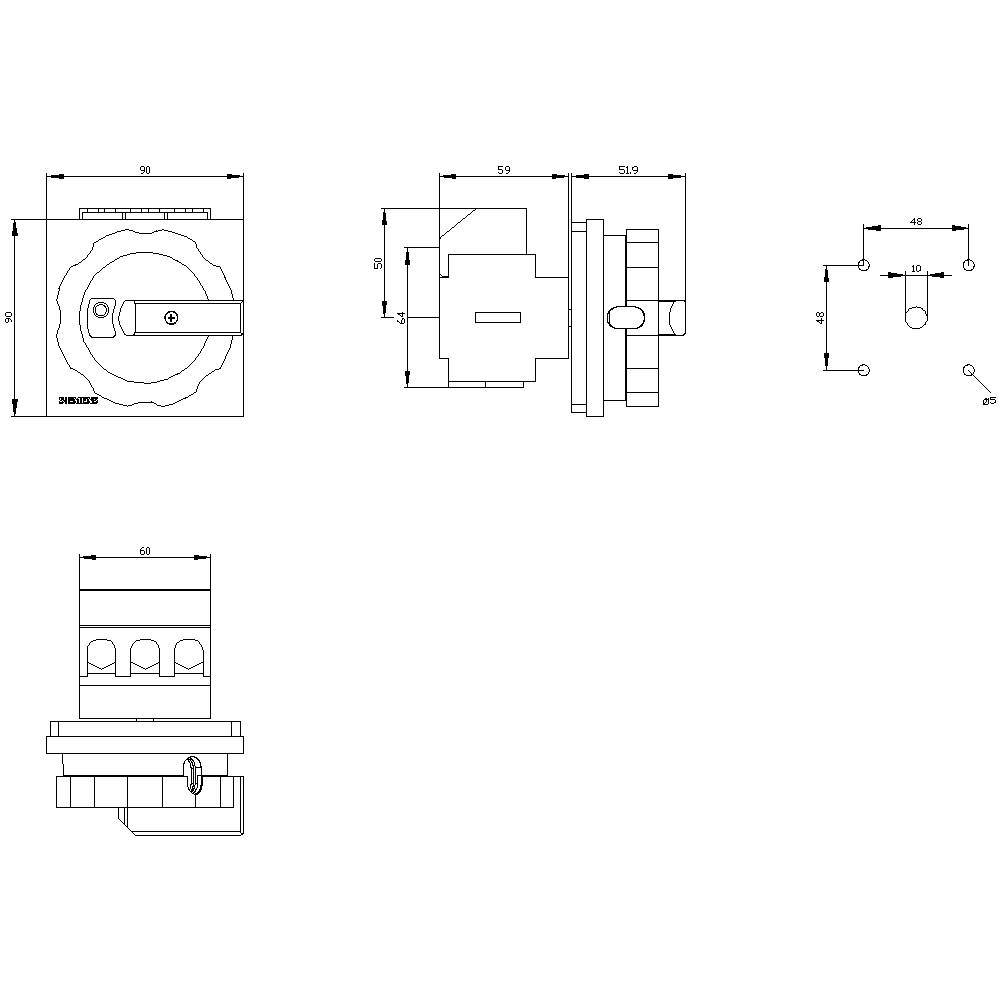 Technische Zeichnung eines Drehschalters. Vorder-, Seiten- und Aufsicht zeigen Abmessungen und Bauteile. Maße spezifiziert.