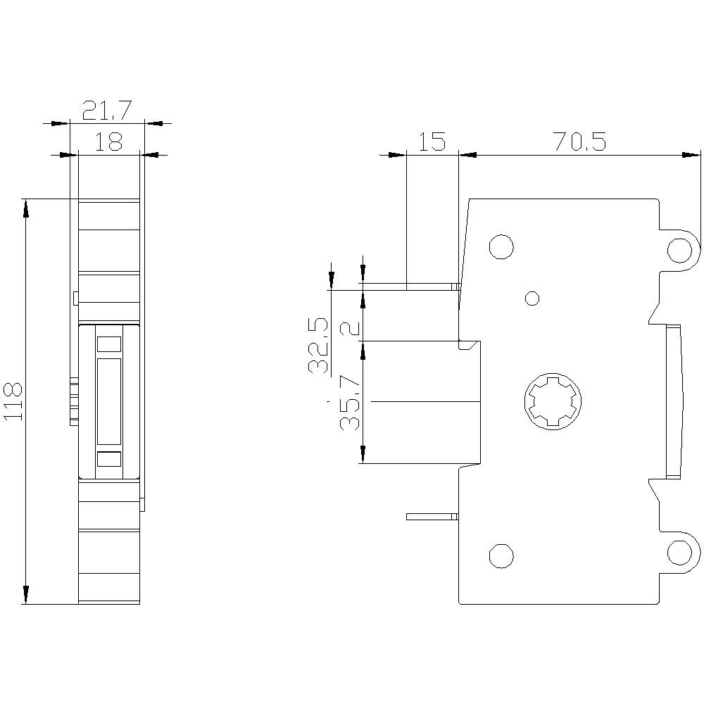 Technische Zeichnung eines elektronischen Bauteils mit Bemaßungen: 118 mm hoch, 21,7 mm breit, 70,5 mm tief.