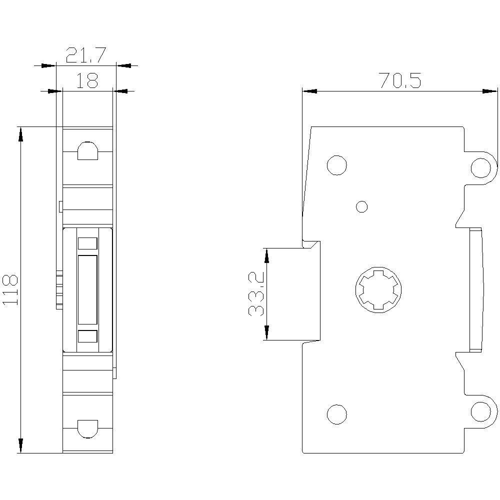 Technische Zeichnung eines Bauteils mit Abmessungen: Länge 118 mm, Breite 21,7 mm, Höhe 70,5 mm. Zeigt Loch- und Montagelöcher.