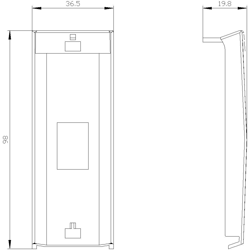 Technische Zeichnung eines rechteckigen Wandgeräts mit Maßen: 36,5 cm Breite, 98 cm Höhe, 19,8 cm Tiefe. Seiten- und Frontalansicht.