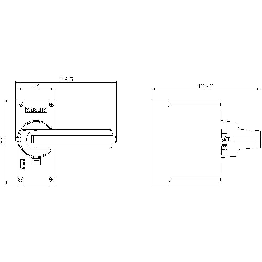 Technische Zeichnung eines Türdrückers mit Maßen: Länge 116,5 mm, Breite 44 mm, Höhe 100 mm. Seitliche Ansicht zeigt Befestigung.