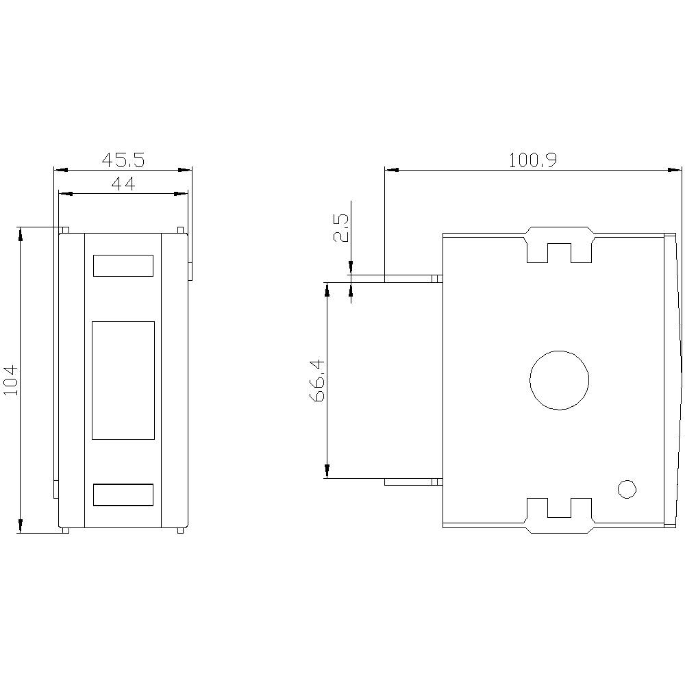 Technische Zeichnung eines rechteckigen Bauteils mit Abmessungen: Höhe 104 mm, Breite 44 mm, Tiefe 100,9 mm.