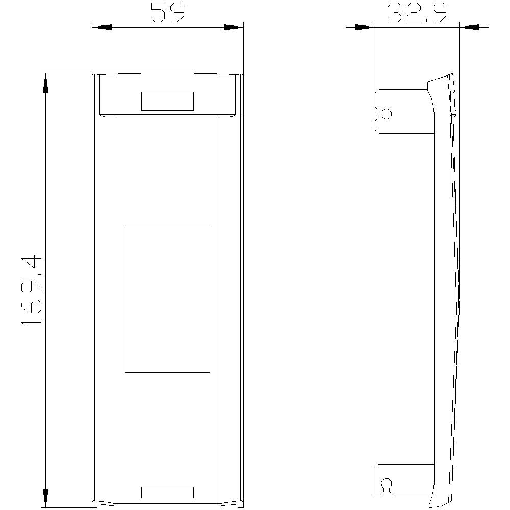 Technische Zeichnung eines rechteckigen Geräts mit Abmessungen: Höhe 169,4 mm, Breite 59 mm, Tiefe 32,9 mm. Seiten- und Vorderansicht.