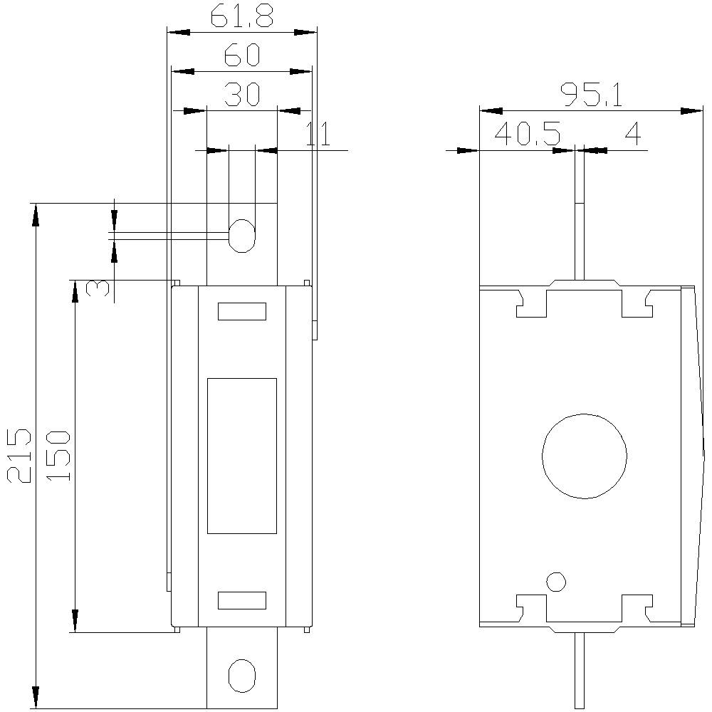 Technische Zeichnung eines mechanischen Bauteils mit Abmessungen: Höhe 215 mm, Breite 61,8 mm, Tiefe 40,5 mm. Zeigt Front- und Seitenansicht.