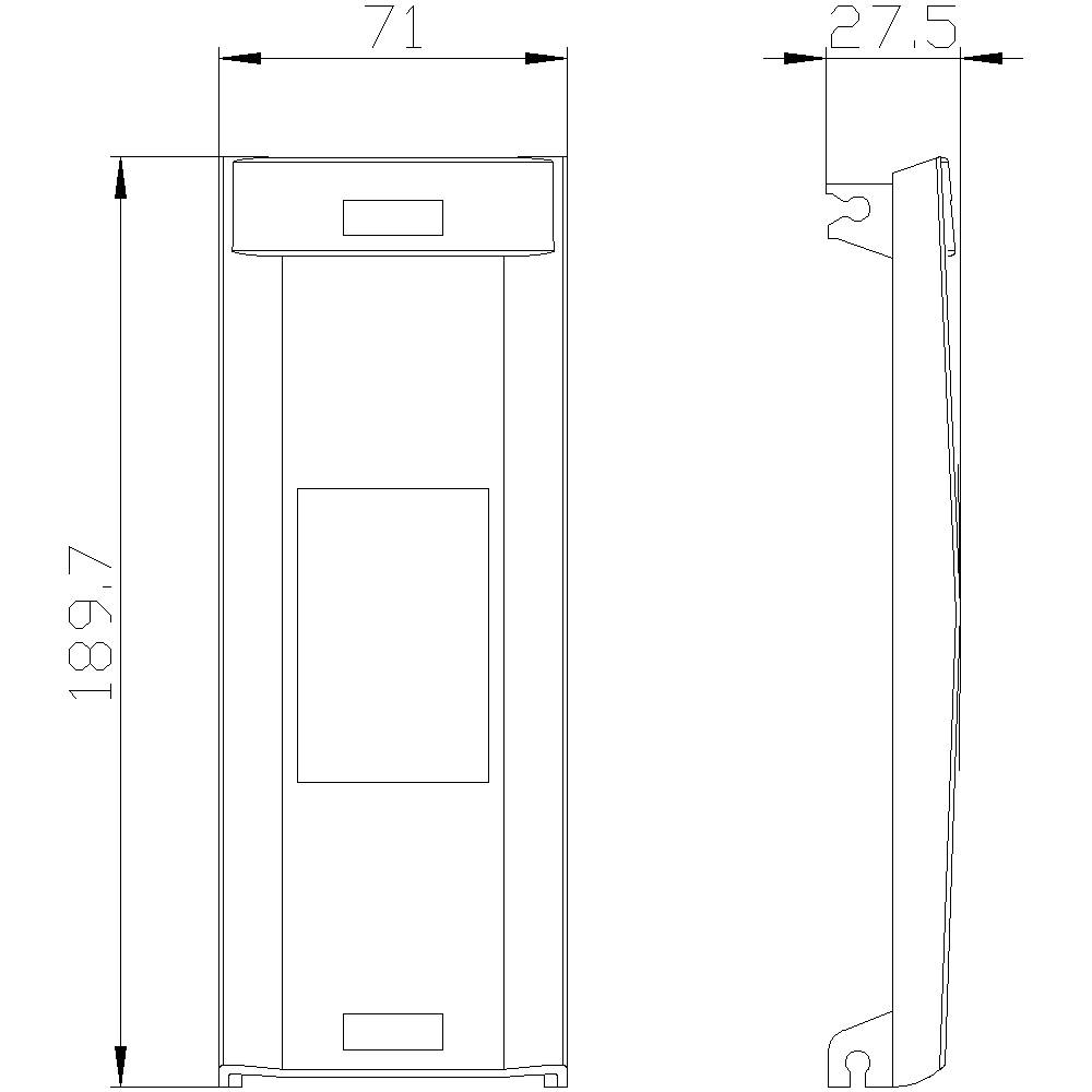 Technische Zeichnung eines rechteckigen Gehäuses mit Maßen: 189,7 mm Höhe, 71 mm Breite, 27,5 mm Tiefe. Zeigt Vorder- und Seitenansicht.