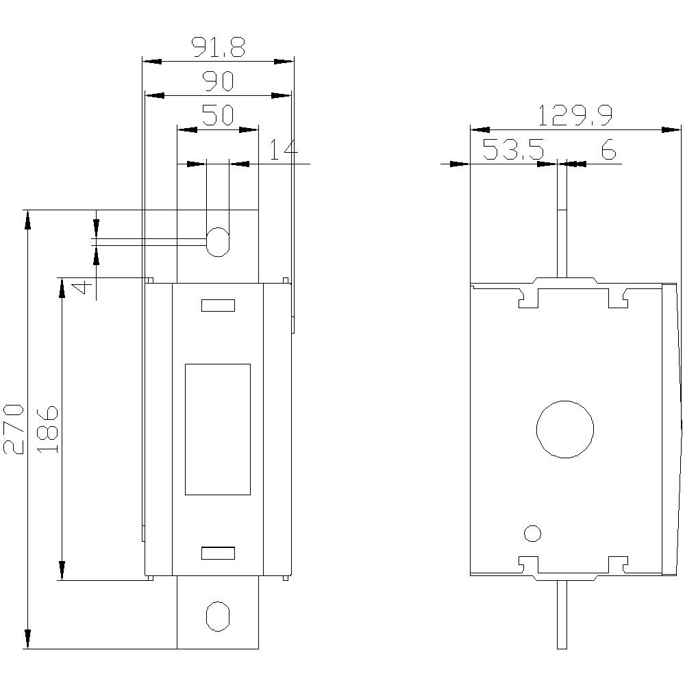 Technische Zeichnung eines Bauteils mit Maßen: Höhe 270 mm, Breite 90,8 mm, Tiefe 50 mm. Seitenansicht zeigt zentrale Bohrung.