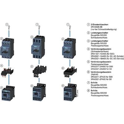 'Einbauanleitung für Leitungsschalter und Zubehör: 1. Einschalter, 2. Leistungsschalter, 3. Verbindungsbaustein, 4. Schutz.'