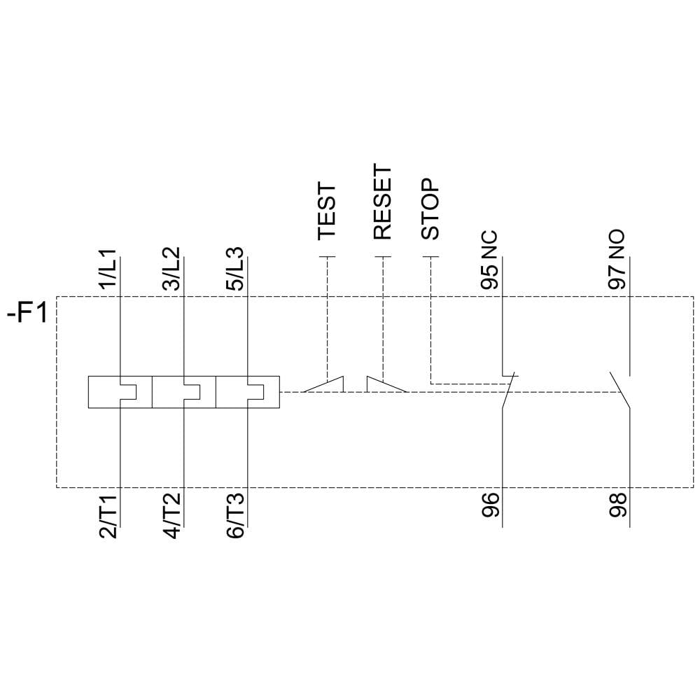 'Verkabelungsdiagramm eines Schalters mit Beschriftungen 1/L1, 2/T1, 4/T2, 5/L3, 6/T3, TEST, RESET, STOP und Anschlussnummern 95 bis 98.'