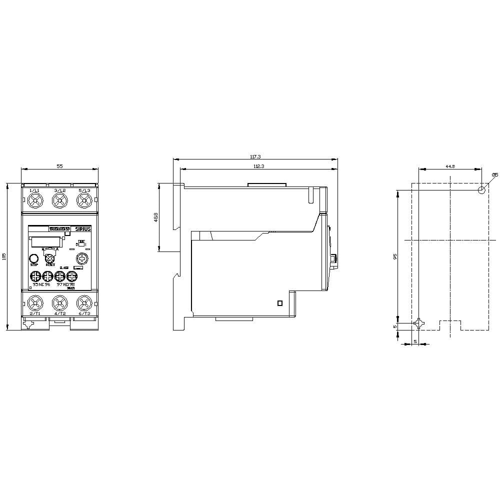 Technische Zeichnung eines elektronischen Geräts mit Abmessungen und verschiedenen Ansichten. Maße und Details des Designs sind angegeben.