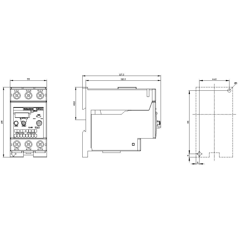 'Technische Zeichnung eines elektrischen Geräts mit Abmessungen: 82mm Breite, 102mm Höhe, 65mm Tiefe. Front-, Seiten- und Draufsicht dargestellt.'