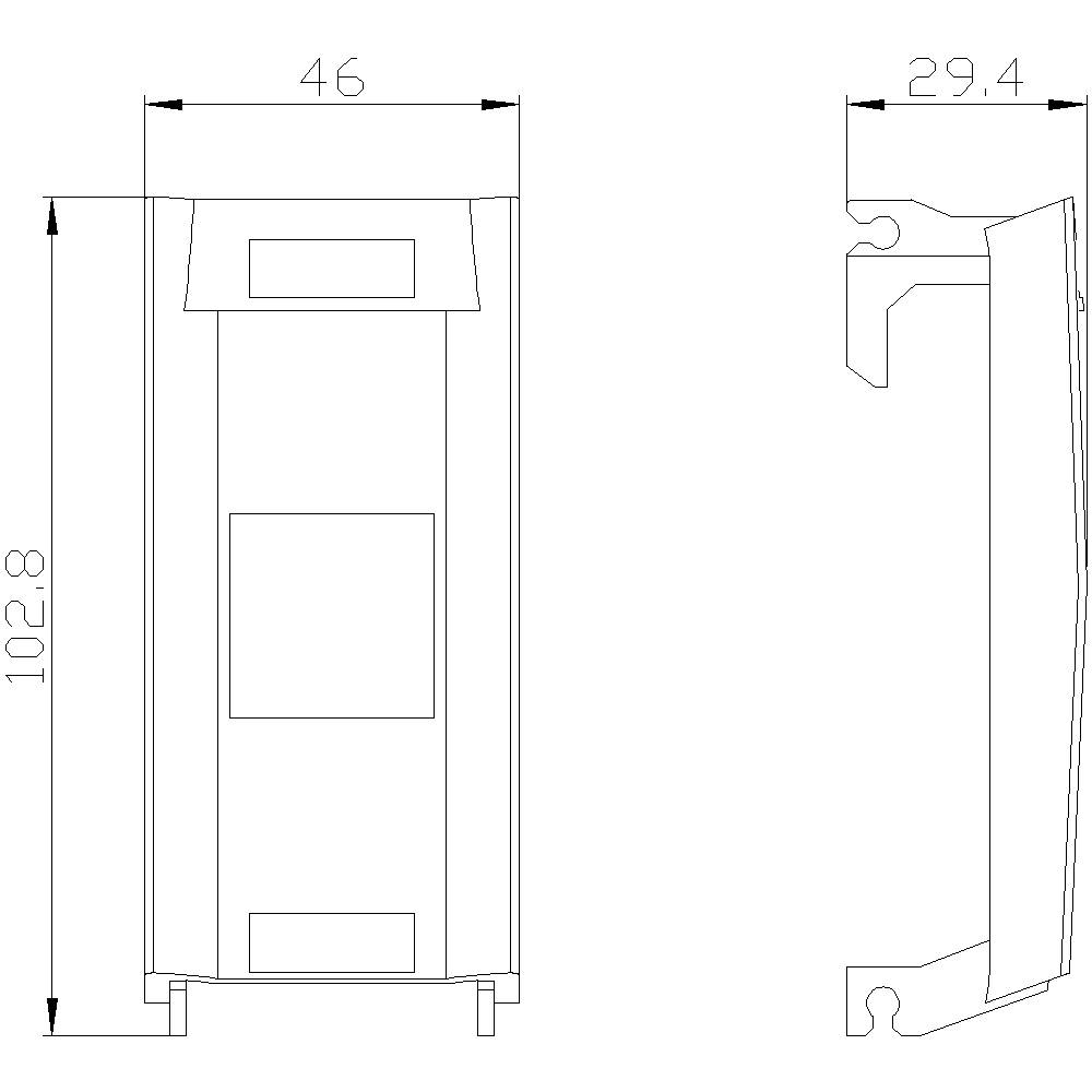 Technische Zeichnung eines Gehäuses mit Abmessungen: Höhe 102,8 mm, Breite 46 mm, Tiefe 29,4 mm. Seiten- und Frontalansicht.