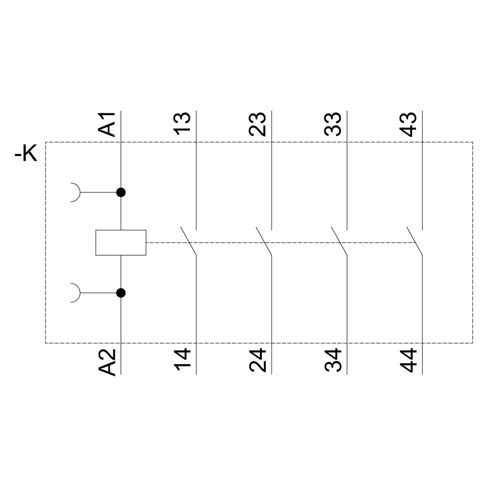 Schaltplan eines Relais mit einem Spulenkontakt A1-A2 links und Schaltkontakten 13-14, 23-24, 33-34, 43-44 rechts.