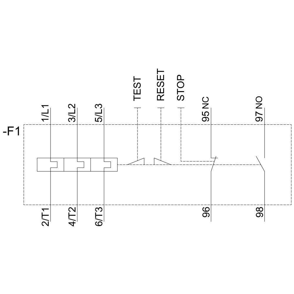 Schaltplan einer elektrischen Schaltung mit Beschriftungen: 1/L1, 3/L2, 5/L3, 2/T1, 4/T2, 6/T3, TEST, RESET, STOP, 95NC, 97NO.