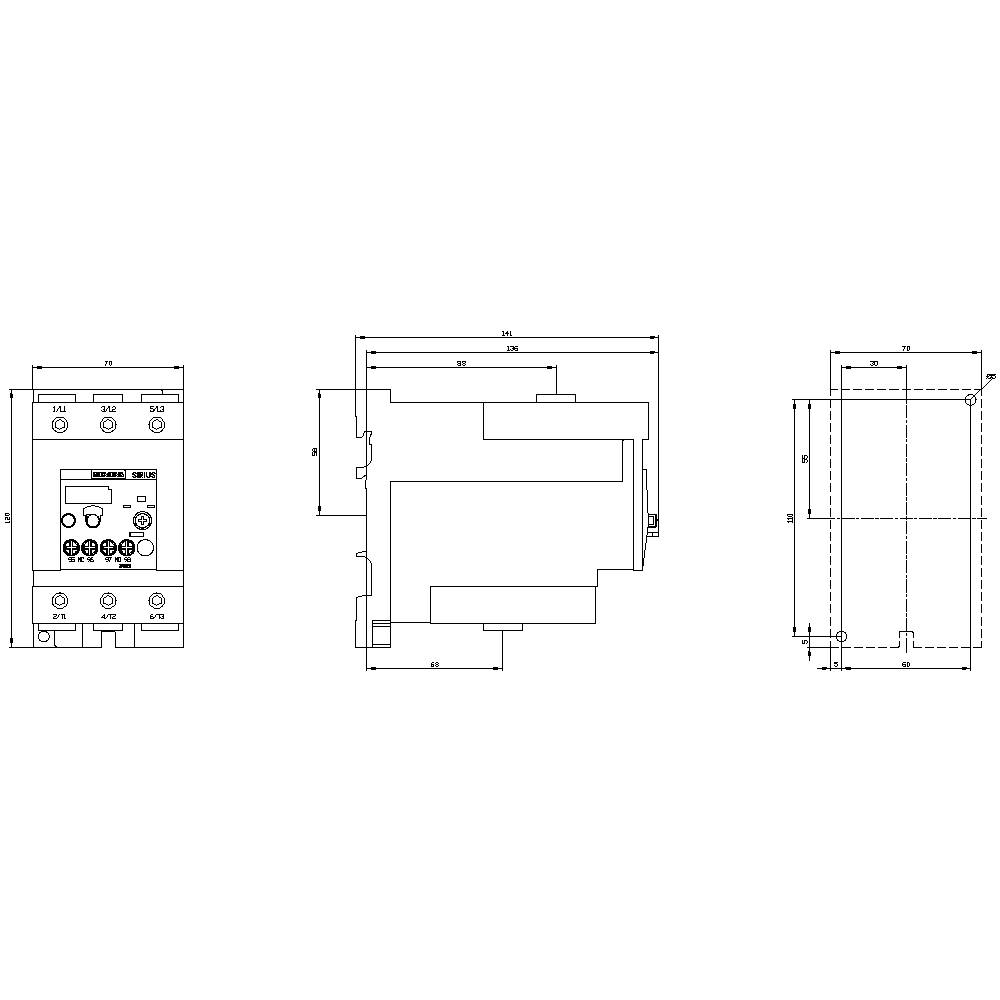Technische Zeichnung eines Geräts mit verschiedenen Seitenansichten, zeigt Maße und Konturen zur Montage und Installation.