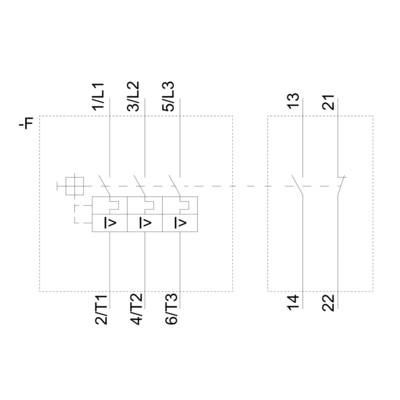 Schaltplan eines elektrischen Schaltgeräts mit nummerierten Anschlüssen: L1, L2, L3, T1, T2, T3 auf der linken Seite, 13, 14, 21, 22 auf der rechten Seite.