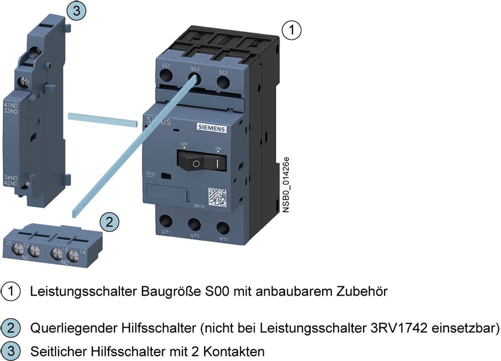 'Leistungsschalter Baugröße S00 mit anbaubarem Zubehör: 1. Leistungsschalter, 2. Querliegender Hilfsschalter, 3. Seitlicher Hilfsschalter.'
