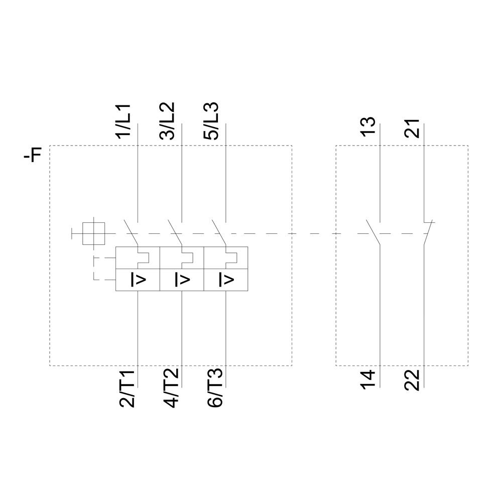Schaltplan eines elektrischen Schalters mit nummerierten Anschlüssen: links 1/L1, 3/L2, 5/L3, rechts 2/T1, 4/T2, 6/T3.