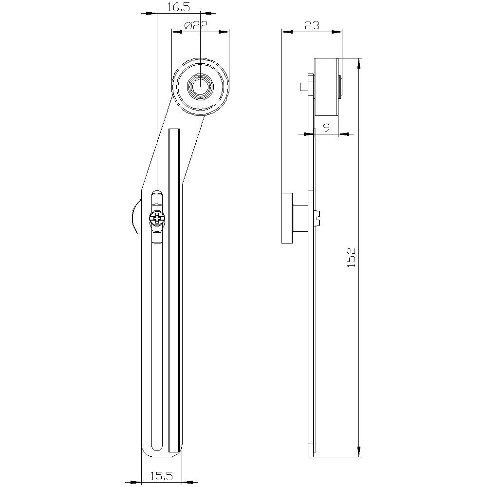 'Technische Zeichnung eines Hebels mit Maßen. Links: Seitenansicht, Länge 152 mm, Breite bis 16,5 mm. Rechts: Frontansicht.'