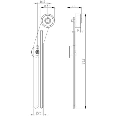 'Technische Zeichnung eines Hebels mit Maßen. Links: Seitenansicht, Länge 152 mm, Breite bis 16,5 mm. Rechts: Frontansicht.'