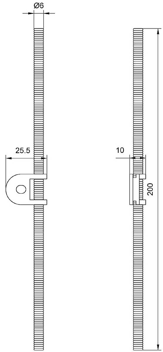 Technische Zeichnung: Seitliche Ansicht von zwei verbundenen Zahnstangen mit Maßen. Höhe 200 mm, Durchmesser 6 mm, Bohrung 25,5 mm.