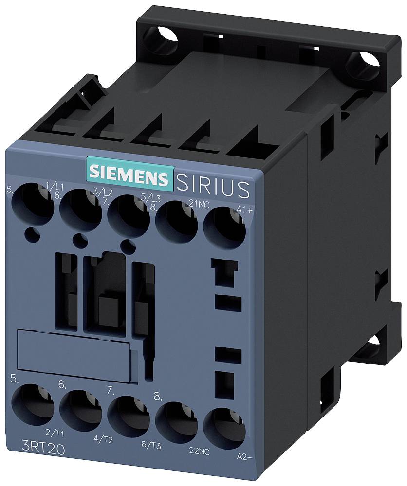 Ein blau-schwarzer elektrischer Schütz von Siemens der Serie Sirius, Modellnummer '3RT20', mit Anschlüssen auf der Vorderseite.