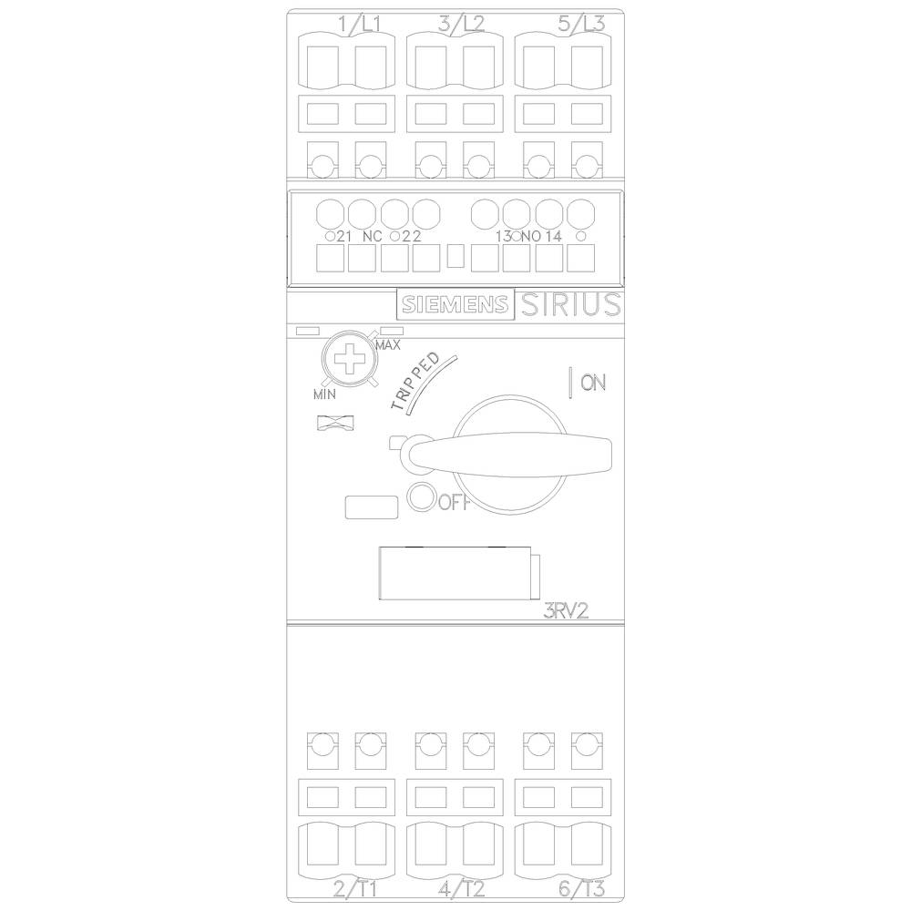 Ein Diagramm eines elektrischen Schalters des Modells 'Siemens Sirius', zeigt die Einstellungen 'On', 'Off' und 'Tripped' mit verschiedenen Schaltkreisklemmen.