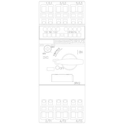 Ein Diagramm eines elektrischen Schalters des Modells 'Siemens Sirius', zeigt die Einstellungen 'On', 'Off' und 'Tripped' mit verschiedenen Schaltkreisklemmen.