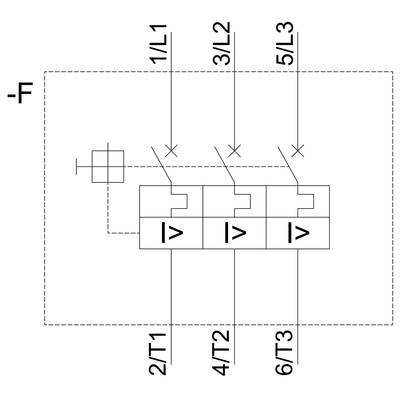 Schaltsymbol für eine dreiphasige Sicherung, die die Phasen 1/L1, 2/T1, 3/L2, 4/T2, 5/L3 und 6/T3 darstellt.