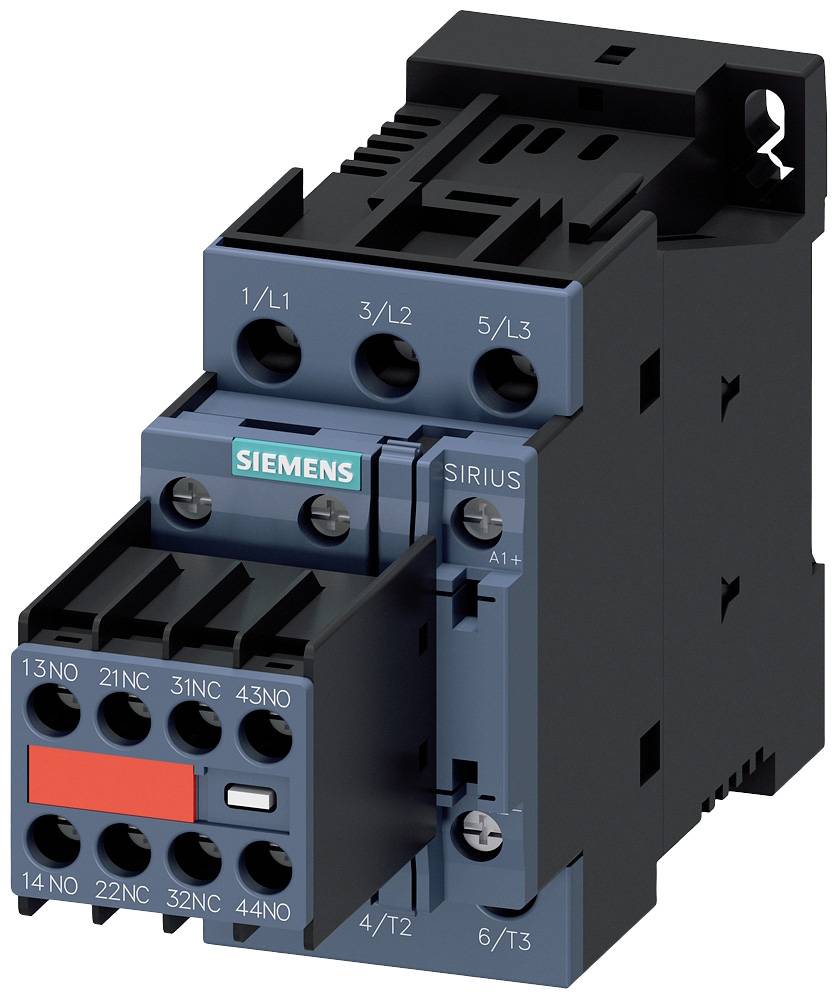 Ein elektrischer Schütz von Siemens, Modell SIRIUS, mit mehreren Anschlussklemmen und klar sichtbarem Markenlogo.