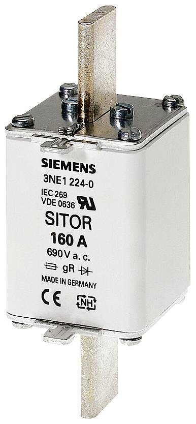 Industriesicherungseinsatz 'SITOP 160 A', 690V, von Siemens, weißes Gehäuse mit Anschlüssen oben und unten, IEC 269 VDE 0636 zertifiziert.