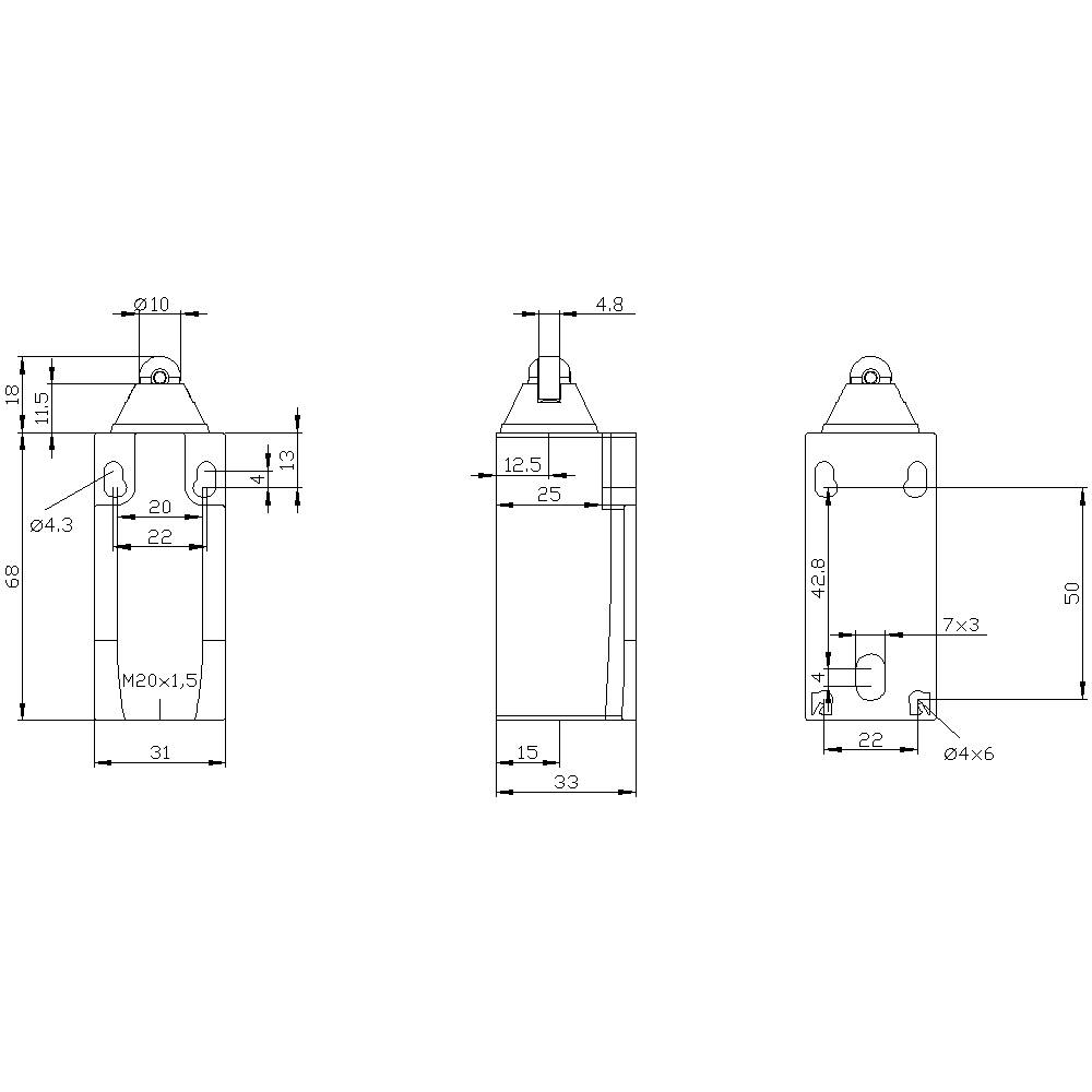 Technische Zeichnung eines Bauteils mit drei Ansichten. Enthält Maße und Bohrungsdetails. Hauptmerkmale: Längen, Breiten, Durchmesserangaben.