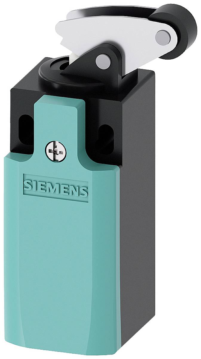 Eine grüne Siemens-Rollenschalterkomponente mit schwarzem Gehäuse und Metallteilen oben für mechanische Betätigung.