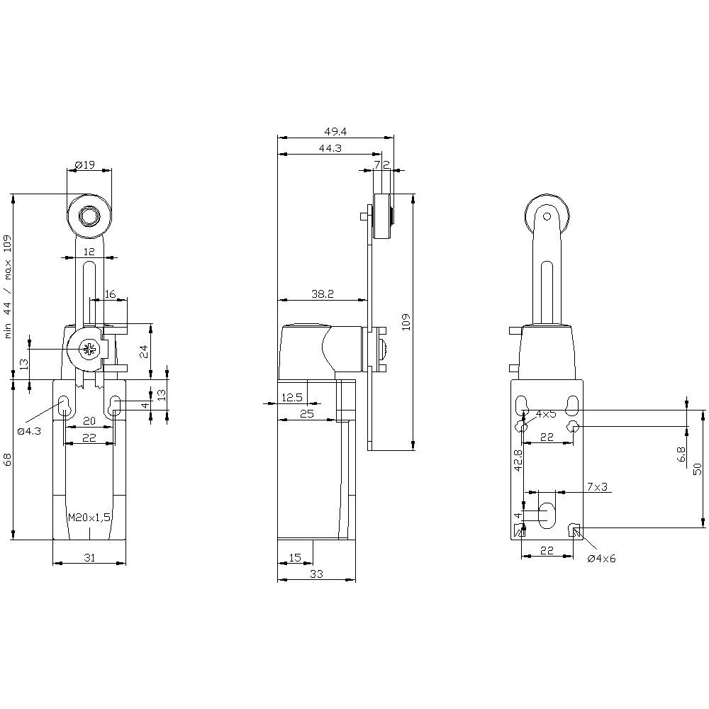 Technische Zeichnung eines hydraulischen Zylinders in drei Ansichten mit detaillierten Maßen und Beschriftungen.
