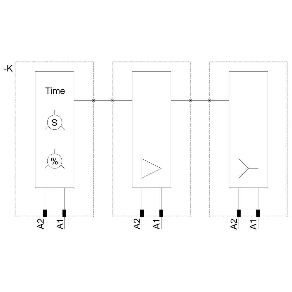 'Drei rechteckige Blöcke mit symbolisierten Schaltungen: Links ist ein 'Time'-Block mit Symbolen S und %, mittig ein Dreieck, rechts eine Gabelung.'