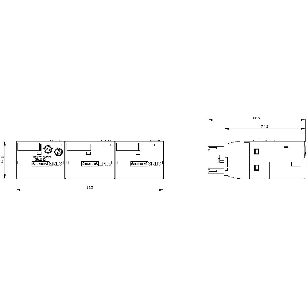 Technische Zeichnung eines elektrischen Bauteils mit genauen Maßangaben: 125mm Breite, 32,5mm Höhe, und 88,9mm Tiefe rechts.
