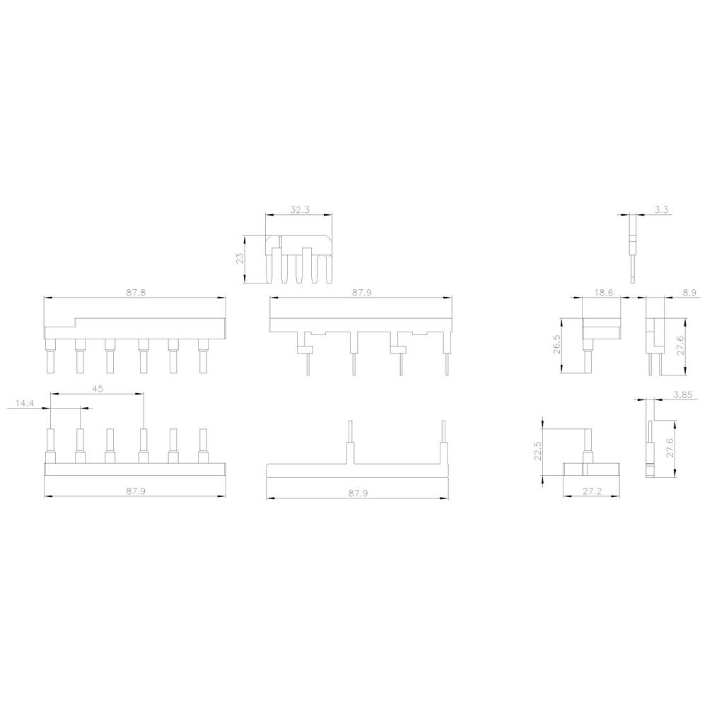 'Technische Zeichnung eines elektronischen Bauteils mit verschiedenen Ansichten und Maßangaben in Millimetern.'