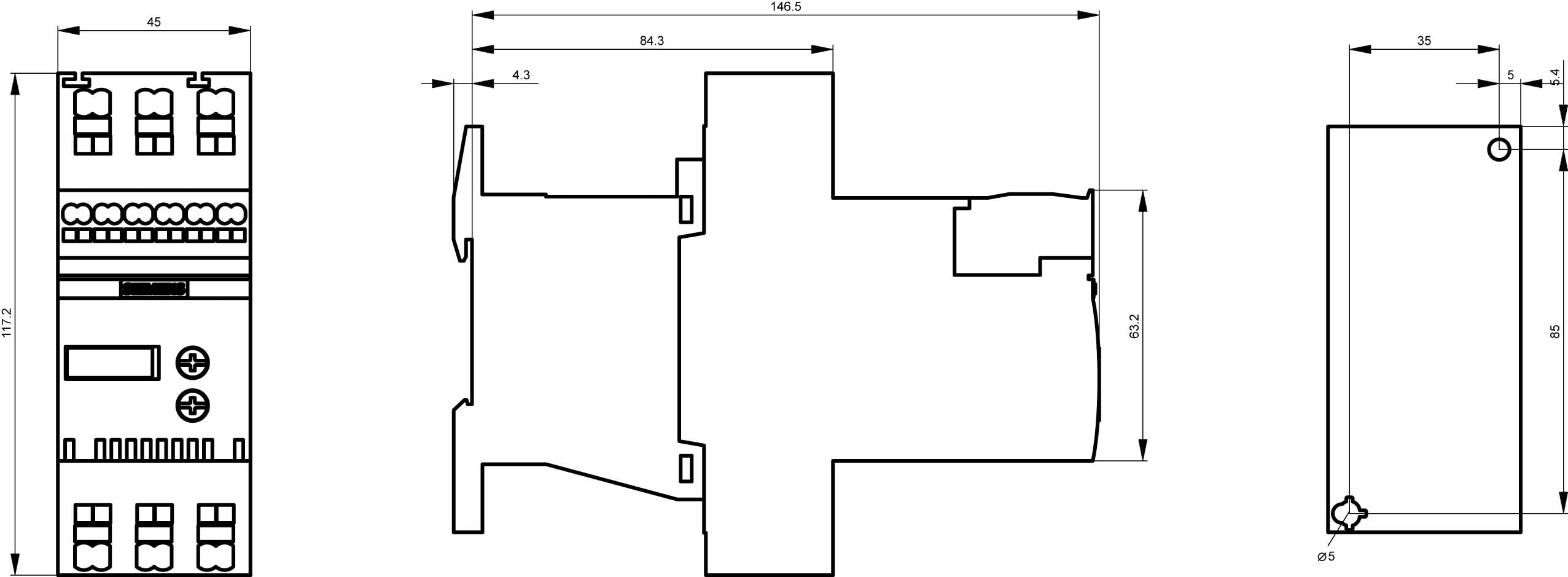 Technische Zeichnung eines elektrischen Relais mit dreiseitiger Ansicht. Zeigt Vorder-, Seiten- und Rückansicht mit detaillierten Maßen.