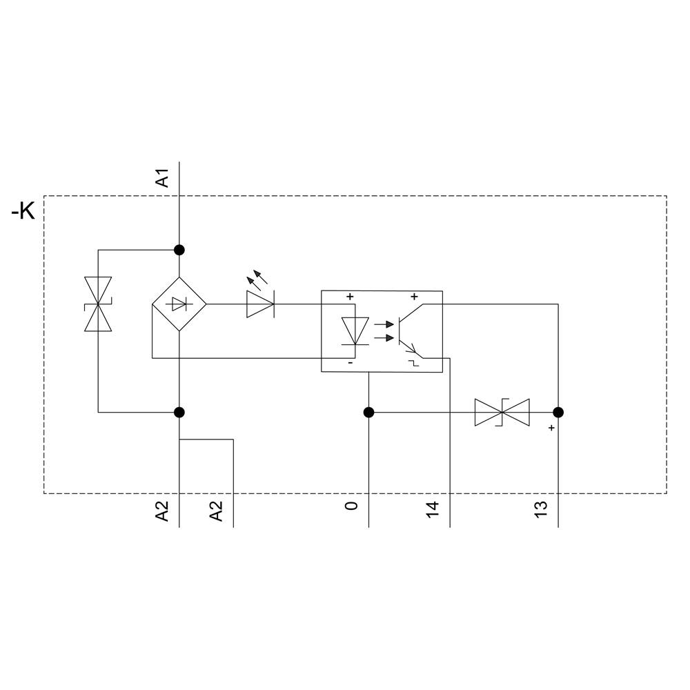 'Schaltplan eines elektrischen Kreises mit Dioden, Op-Amp und Verbindungen zu A1, A2, 0, 13 und 14. Pfeile zeigen Stromrichtung.'