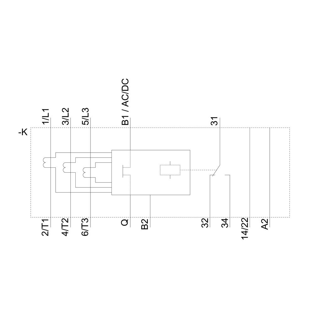 'Schaltplan eines elektrischen Schaltkreises mit markierten Anschlüssen: 1/L1 - 6/T3, B1/AC/DC, sowie weitere Punkte A2, 31, 34.'